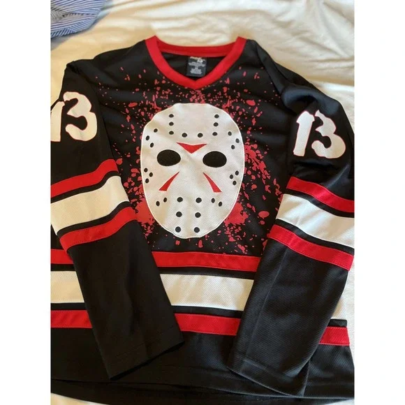 Friday The 13th Jason Voorhees Hockey Jersey Men's S/P Black Red Horror Patch - Picture 2 of 10